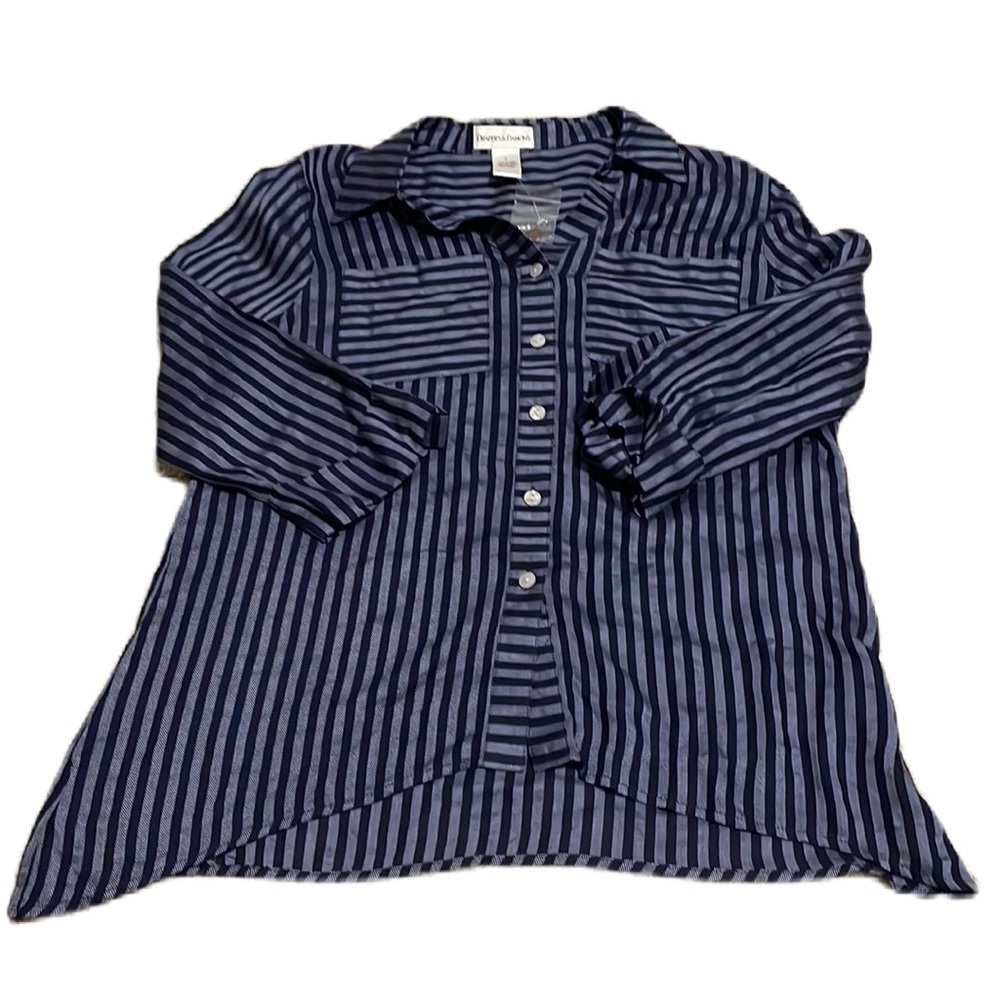 Drapers and Damons Women's L Shirt Button-Up Roll Tab 3/4 Sleeve Stripes Blue